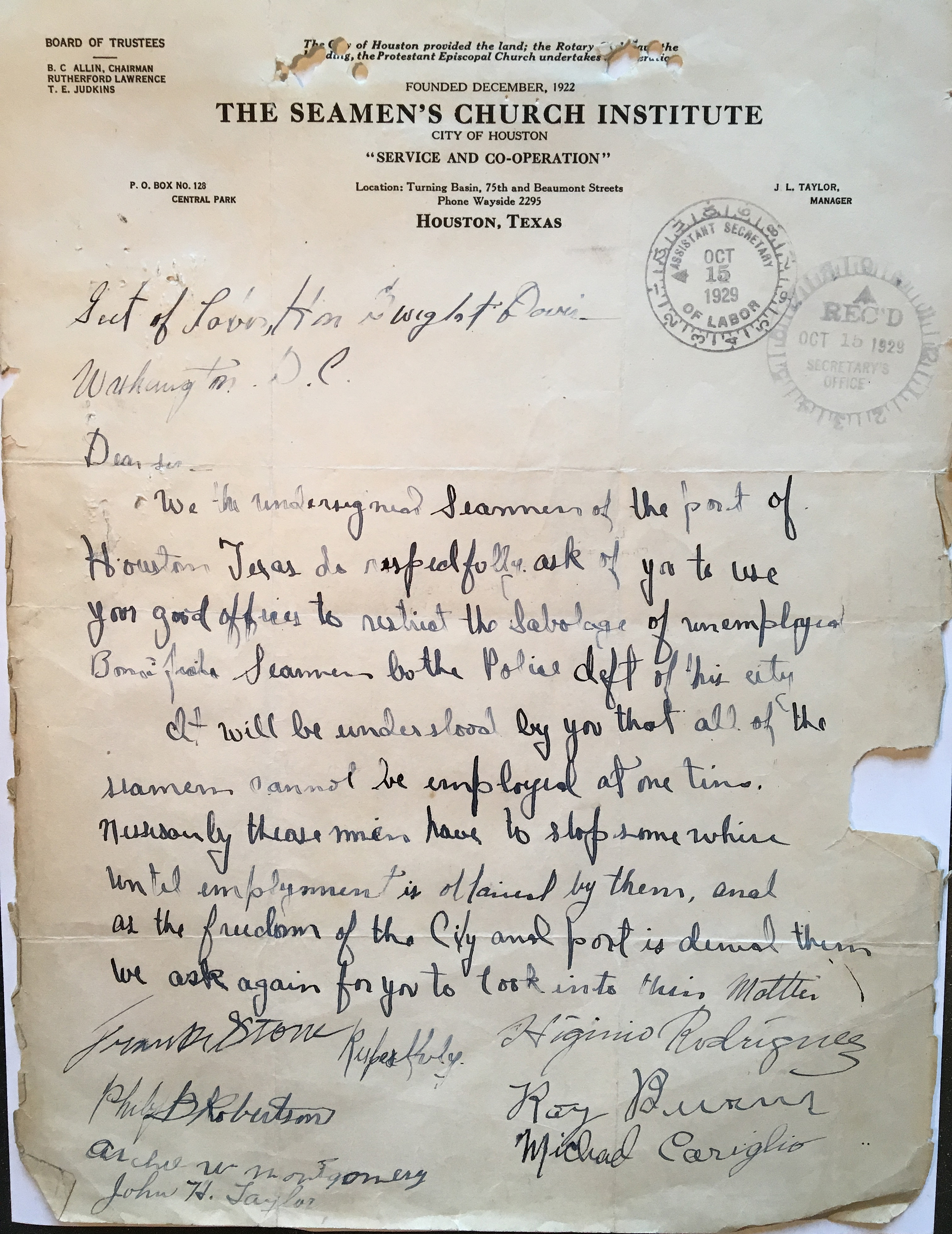 Letter from foreign sailors in Houston to the Secretary of Labor, October 15, 1929.