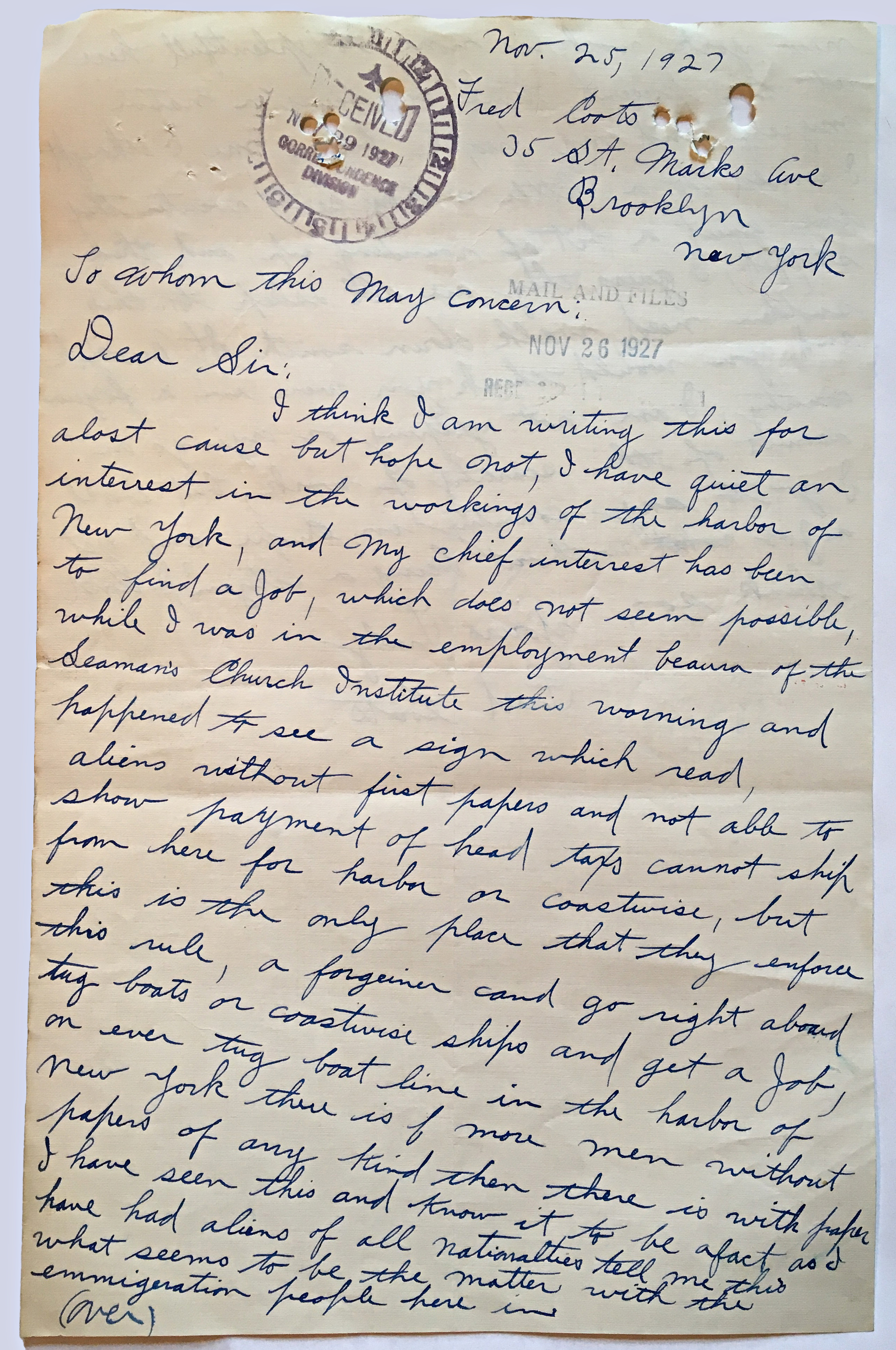 Letter from a Brooklyn sailor to the Commissioner General of Immigration, November 25, 1927.