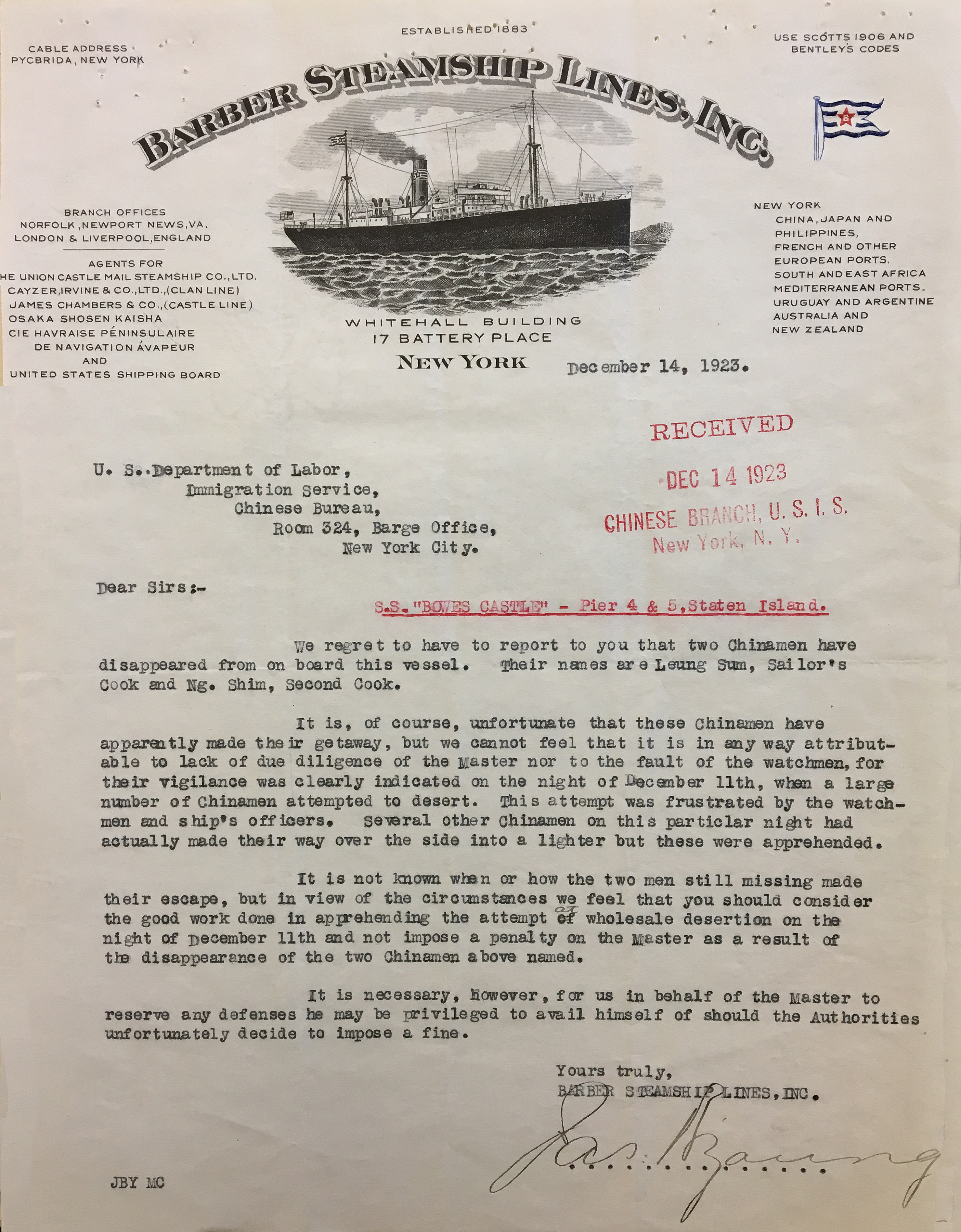 Letter from Barber Steamship Lines to the Bureau of Immigration, Ellis Island, December 23, 1923.