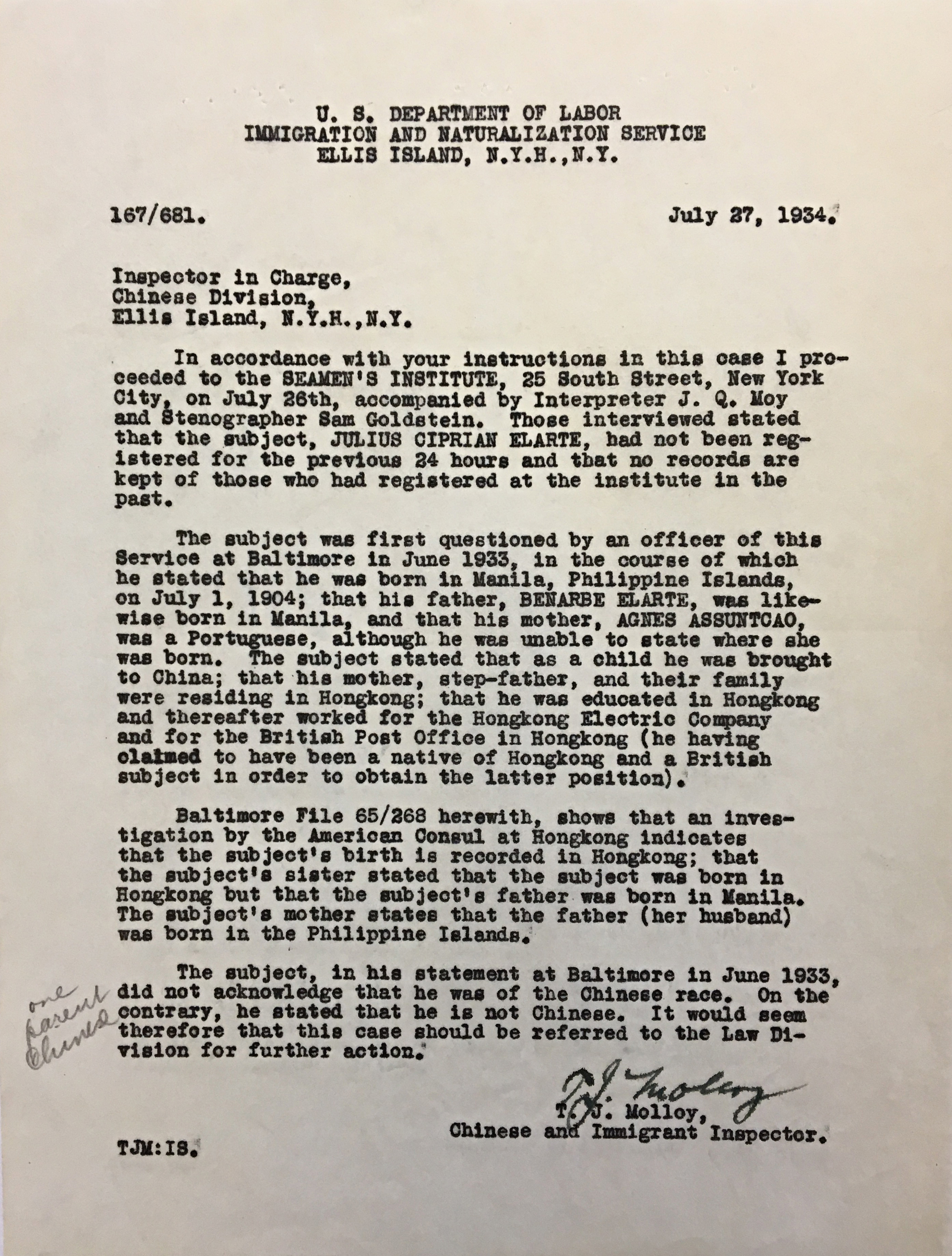 Interrogation of Lew Koon, Ellis Island, March 31, 1922.